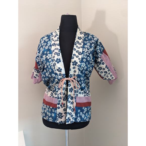 Handmade Women's Cotton Japanese Kimono Inspired Blue Jacket Reversible FLAW - Picture 1 of 10